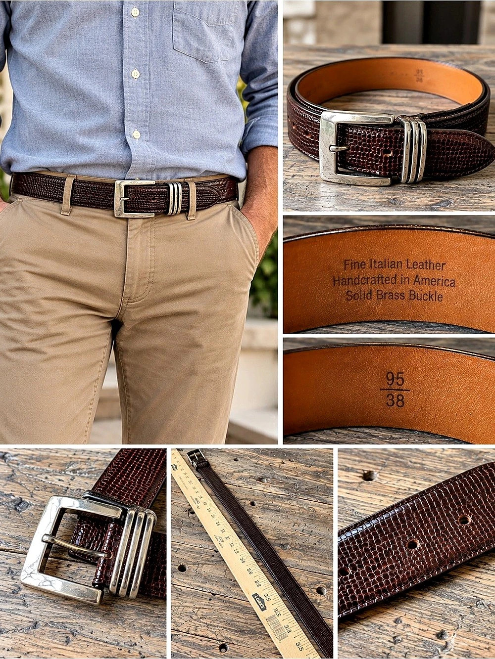 Italian Leather Brown Textured Belt Solid Brass Buckle Men's 38